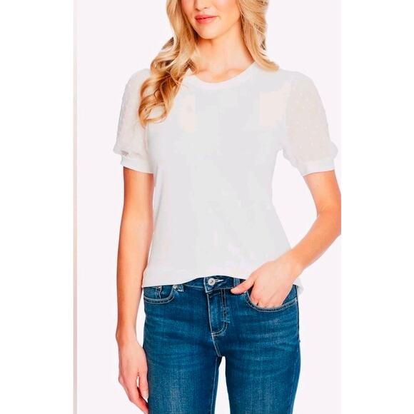 Cece Stitch Fix Puff guaze sleeve swiss dot mixed media white shirt Size Medium - Picture 1 of 9